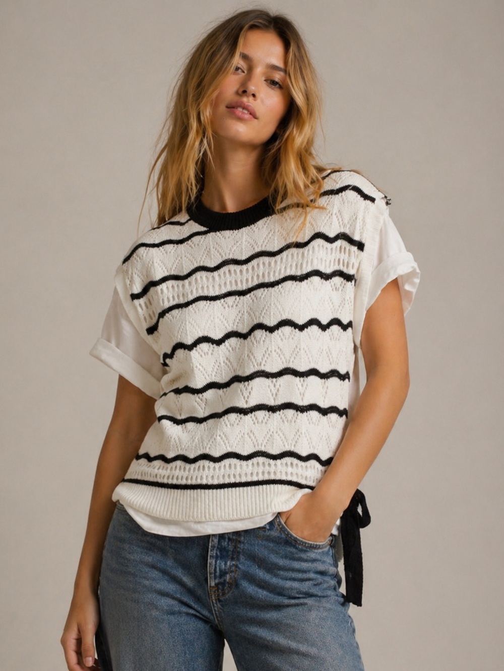 T56. Striped Knit Layered Tee - White/Black